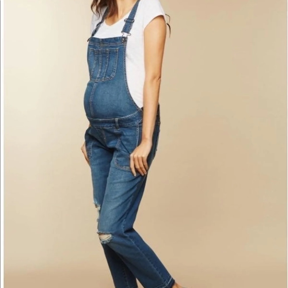 Motherhood Maternity Overalls Pants Denim Jeans Distressed‎ Jumper Blue